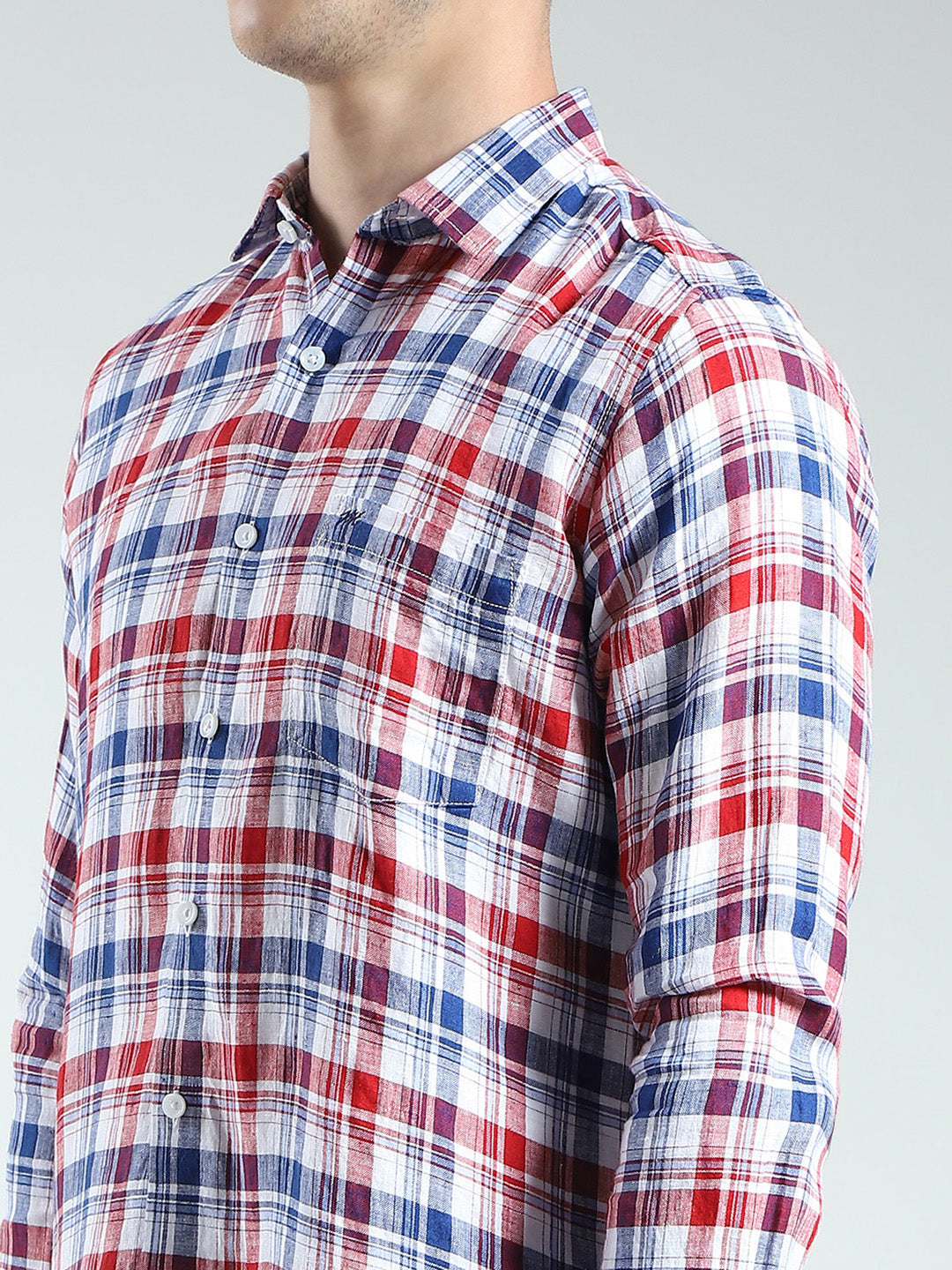 Men Red Check Collar Full Sleeve Linen Shirt