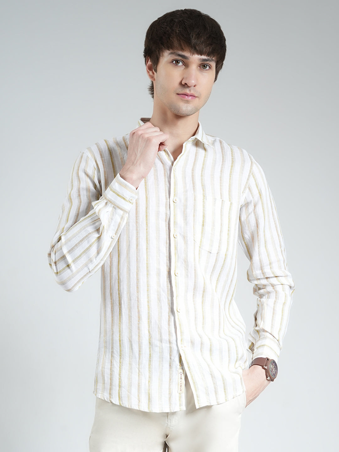 Men Beige Stripe Collar Full Sleeve Linen Shirt