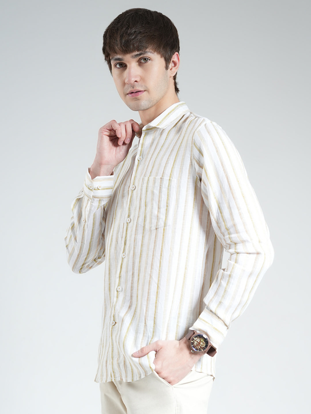 Men Beige Stripe Collar Full Sleeve Linen Shirt