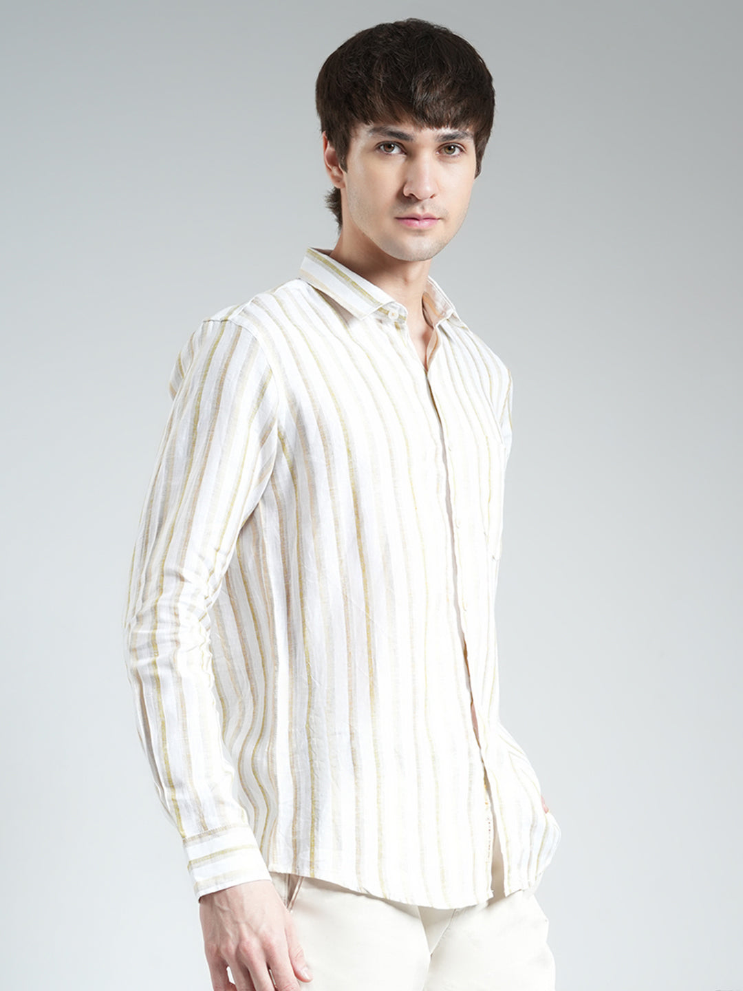 Men Beige Stripe Collar Full Sleeve Linen Shirt