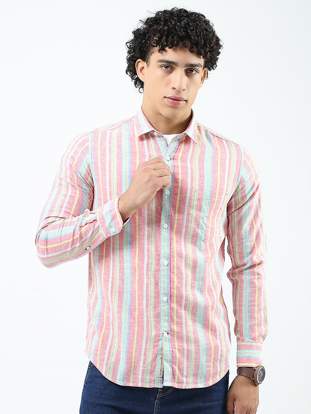 Buy Men Red Stripe Collar Full Sleeve Shirt Online in India