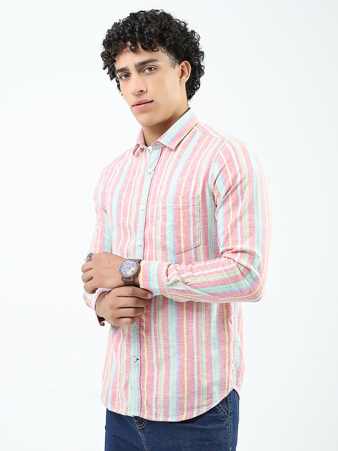 Men Red Stripe Collar Full Sleeve Linen Shirt