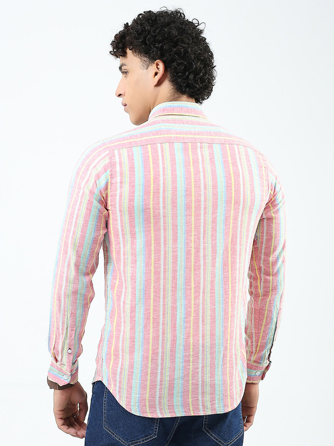 Men Red Stripe Collar Full Sleeve Linen Shirt