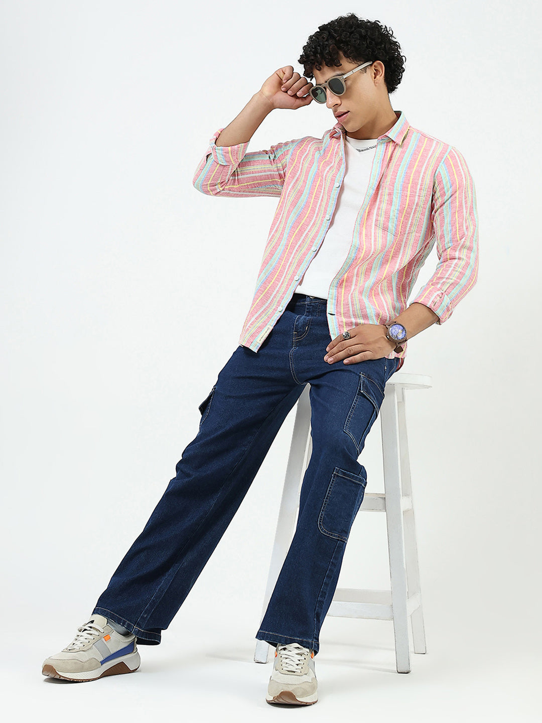 Men Red Stripe Collar Full Sleeve Linen Shirt