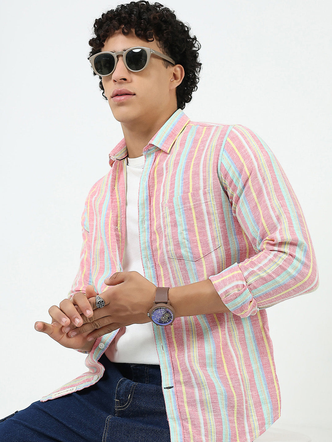 Men Red Stripe Collar Full Sleeve Linen Shirt