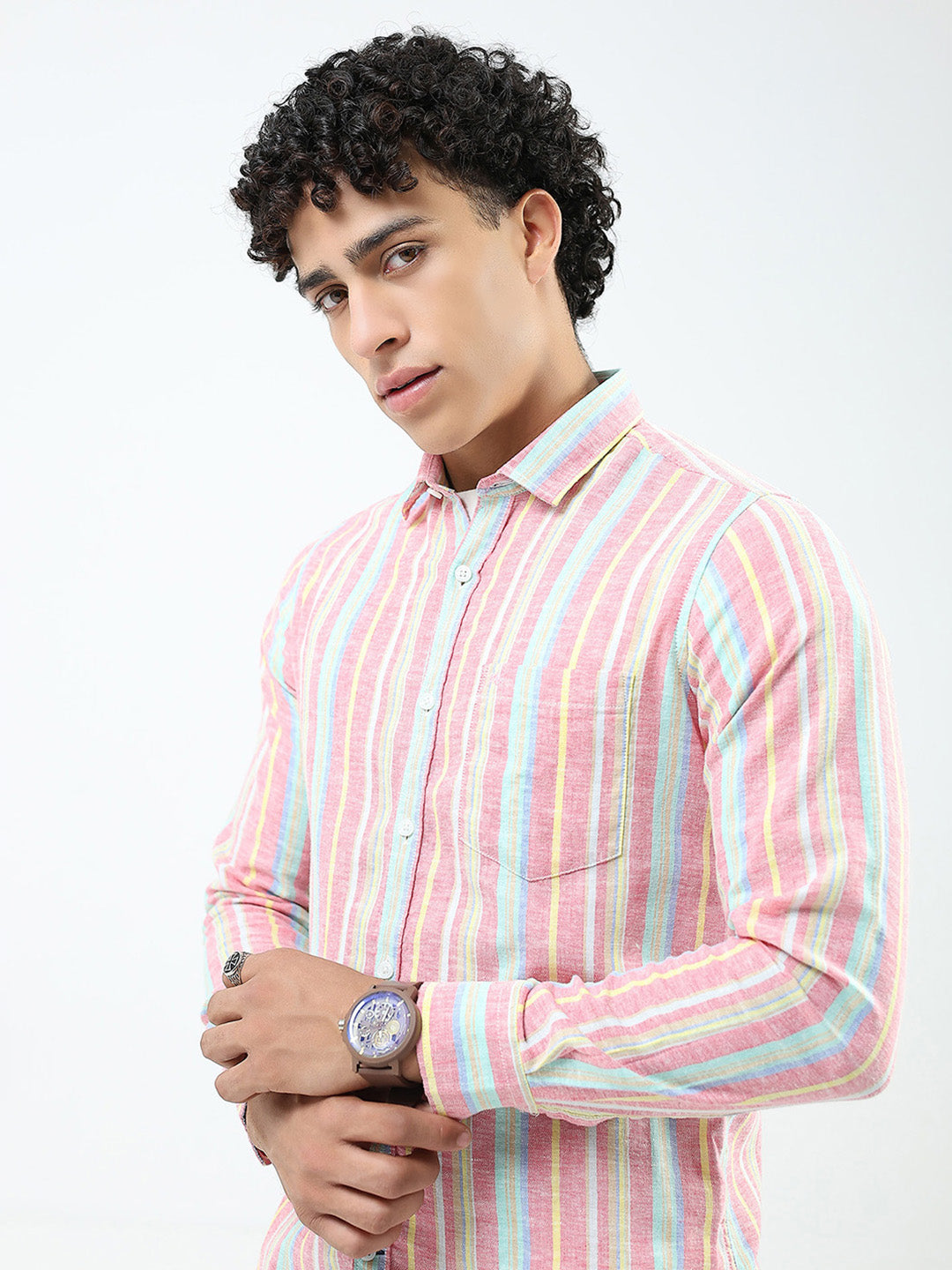 Men Red Stripe Collar Full Sleeve Linen Shirt