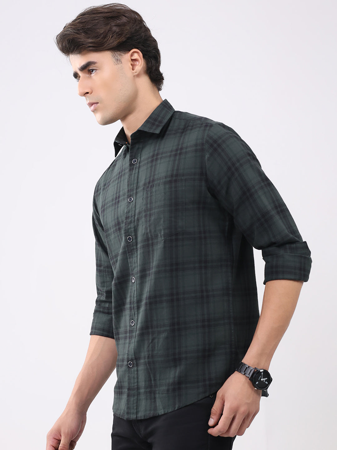 Men Olive Check Collar Full Sleeve Shirt