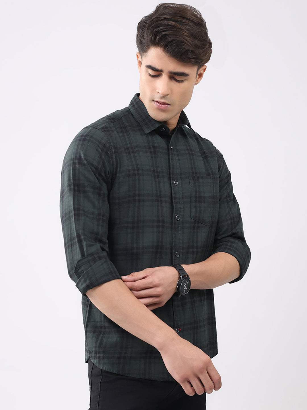 Men Olive Check Collar Full Sleeve Shirt