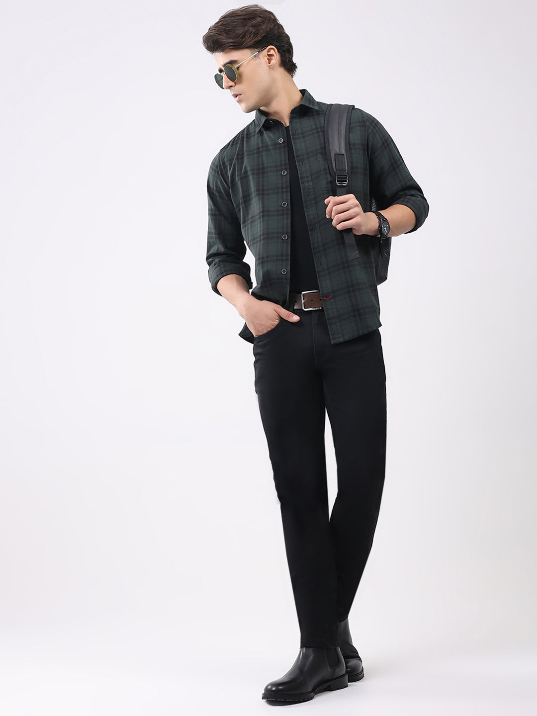 Men Olive Check Collar Full Sleeve Shirt