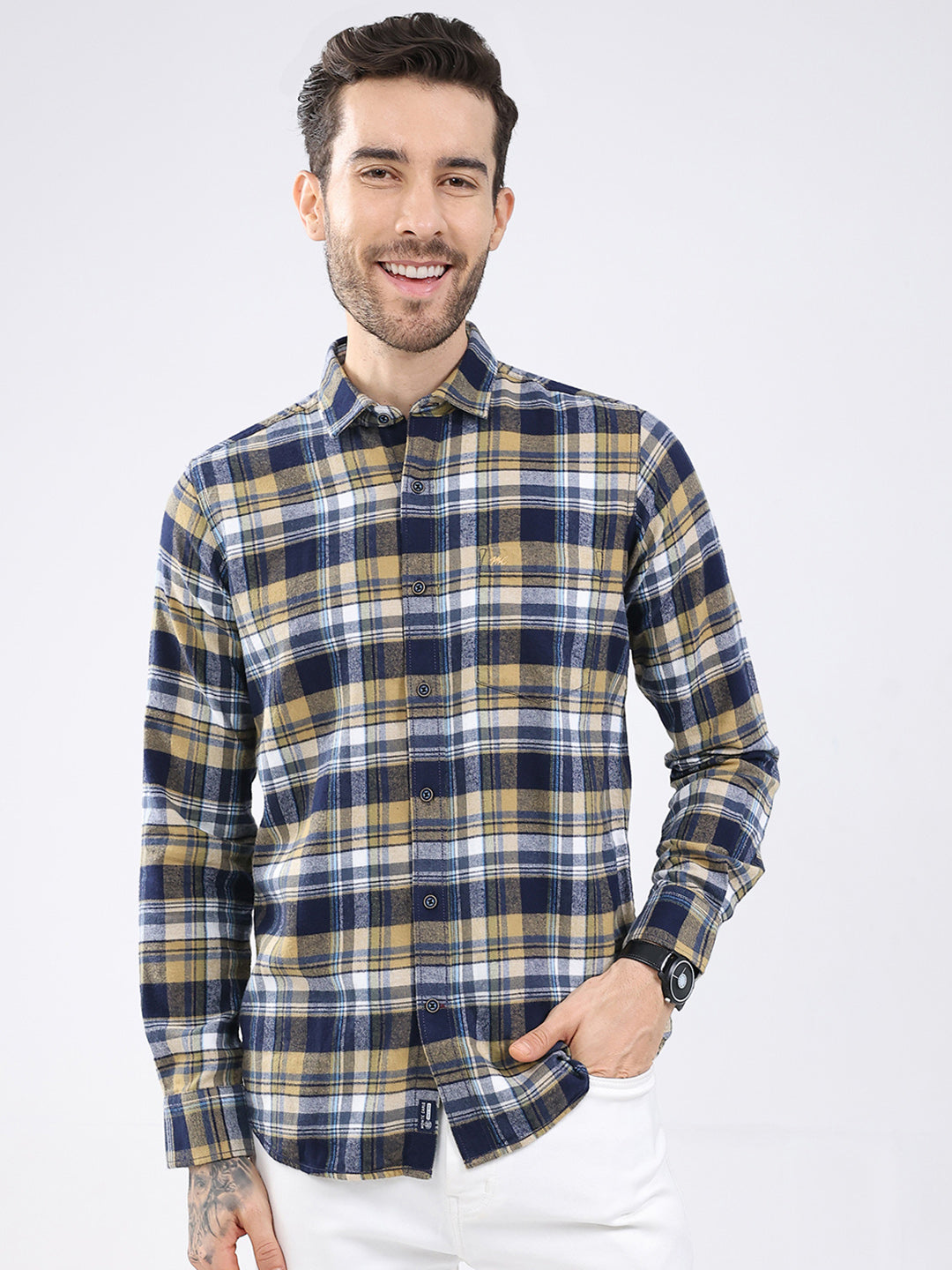 Buy Men Mustard Check Collar Full Sleeve Shirt Online in India