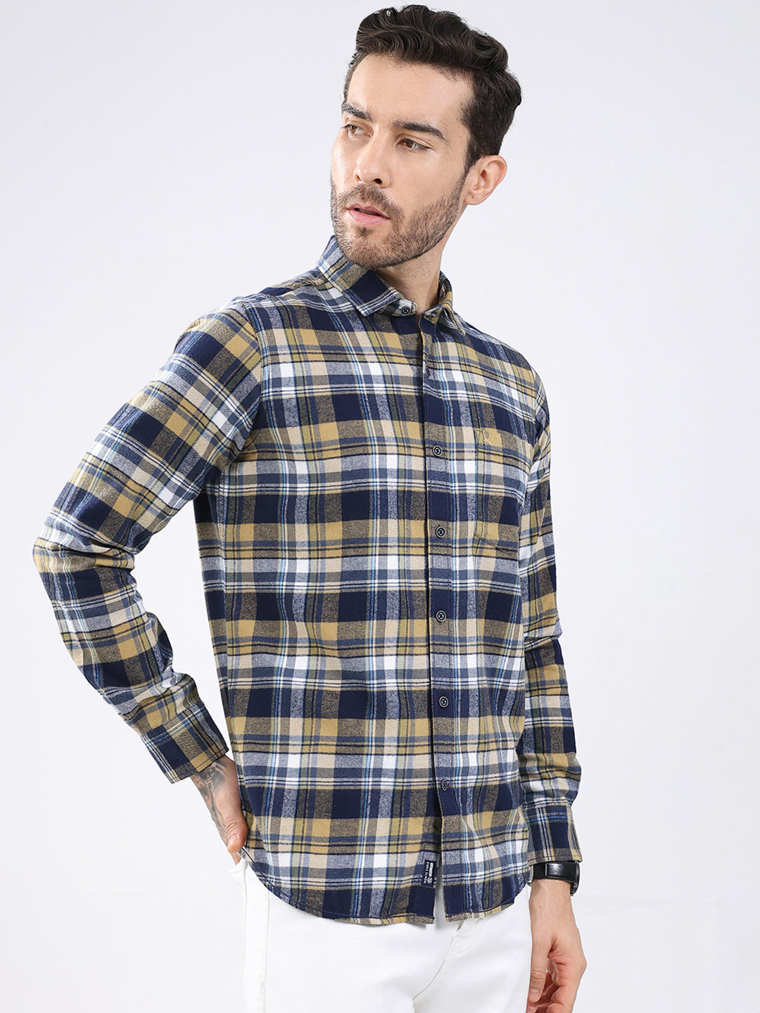 Men Mustard Check Collar Full Sleeve Shirt