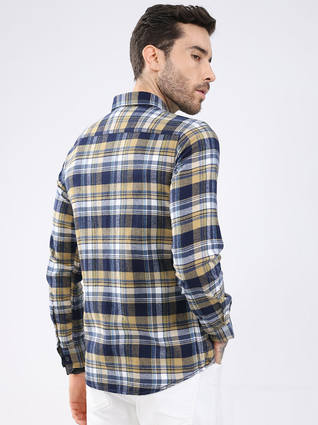 Men Mustard Check Collar Full Sleeve Shirt