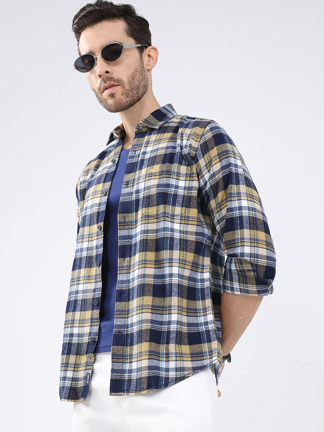 Men Mustard Check Collar Full Sleeve Shirt