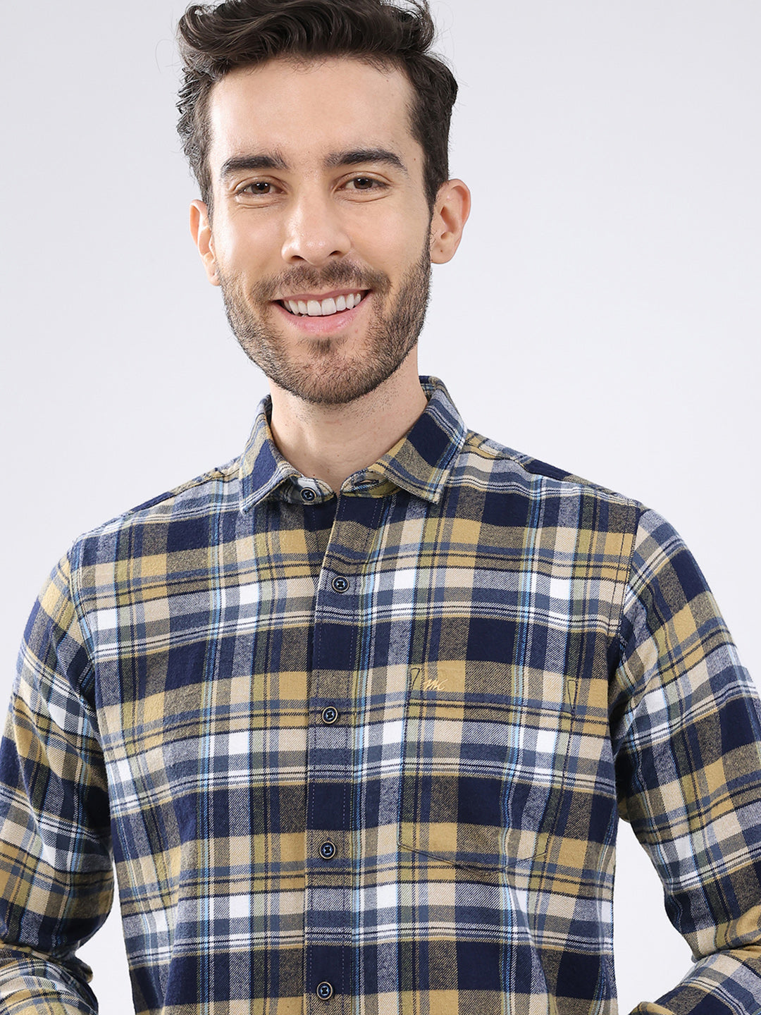 Men Mustard Check Collar Full Sleeve Shirt