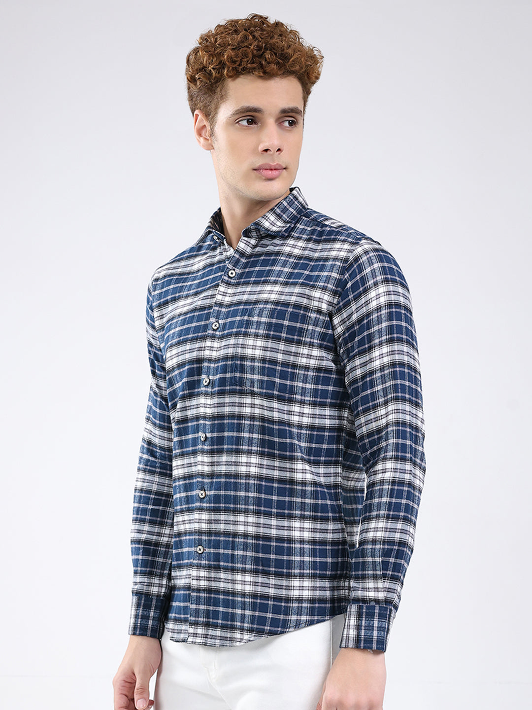Men Blue Check Collar Full Sleeve Shirt