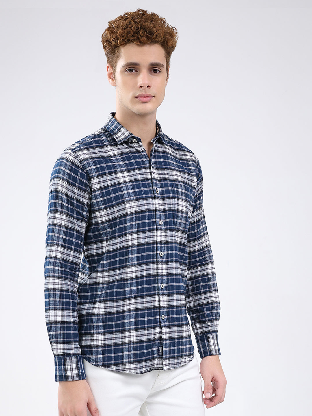 Men Blue Check Collar Full Sleeve Shirt