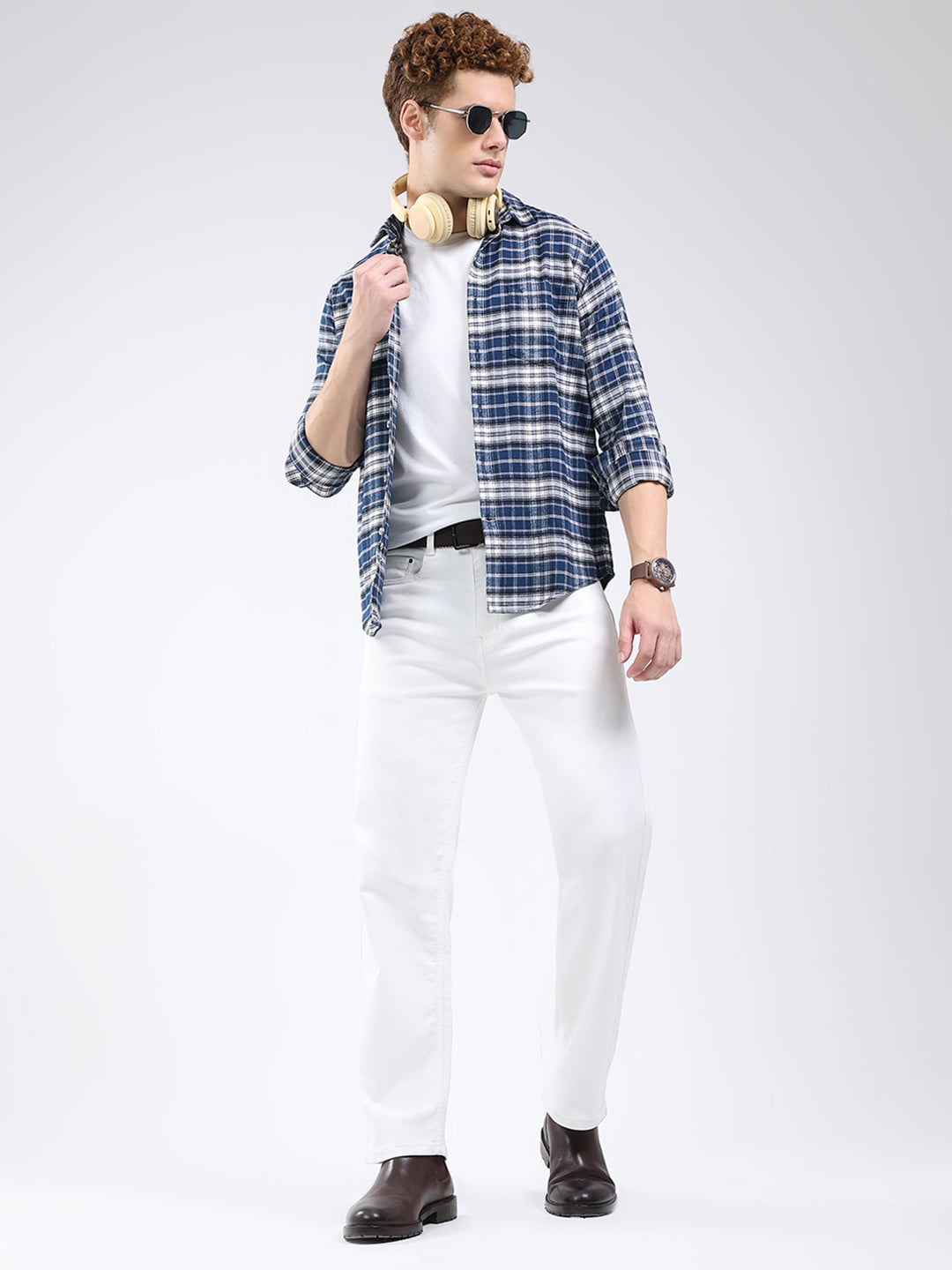 Men Blue Check Collar Full Sleeve Shirt