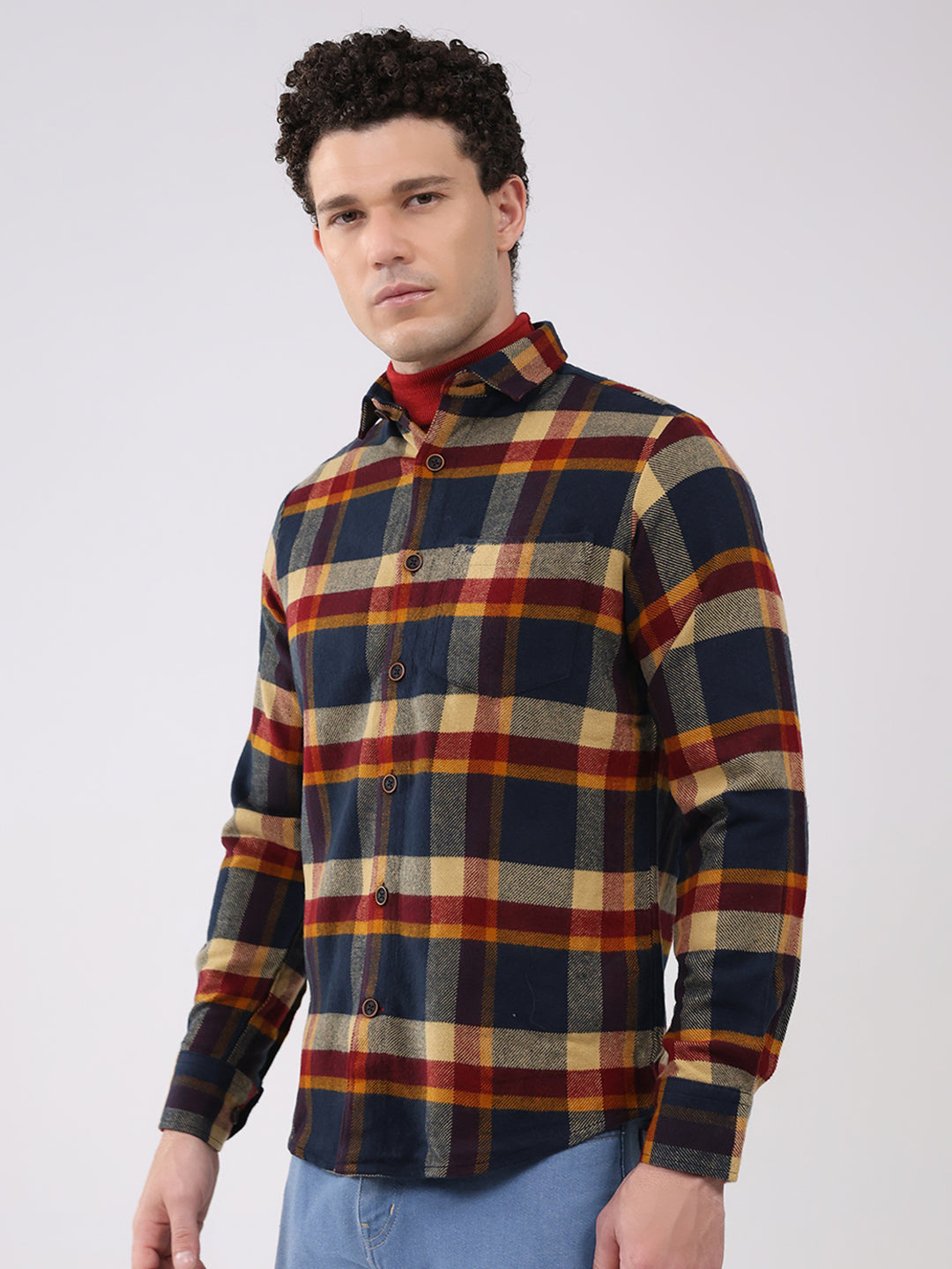 Men Navy Blue Check Collar Full Sleeve Shirt