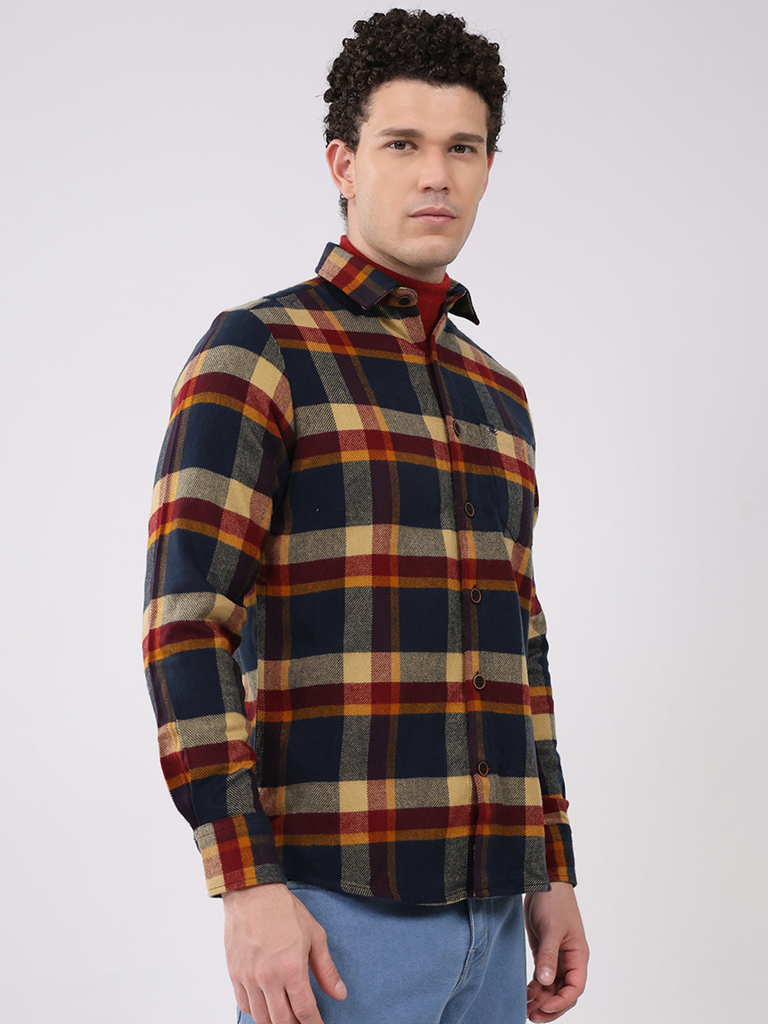 Men Navy Blue Check Collar Full Sleeve Shirt