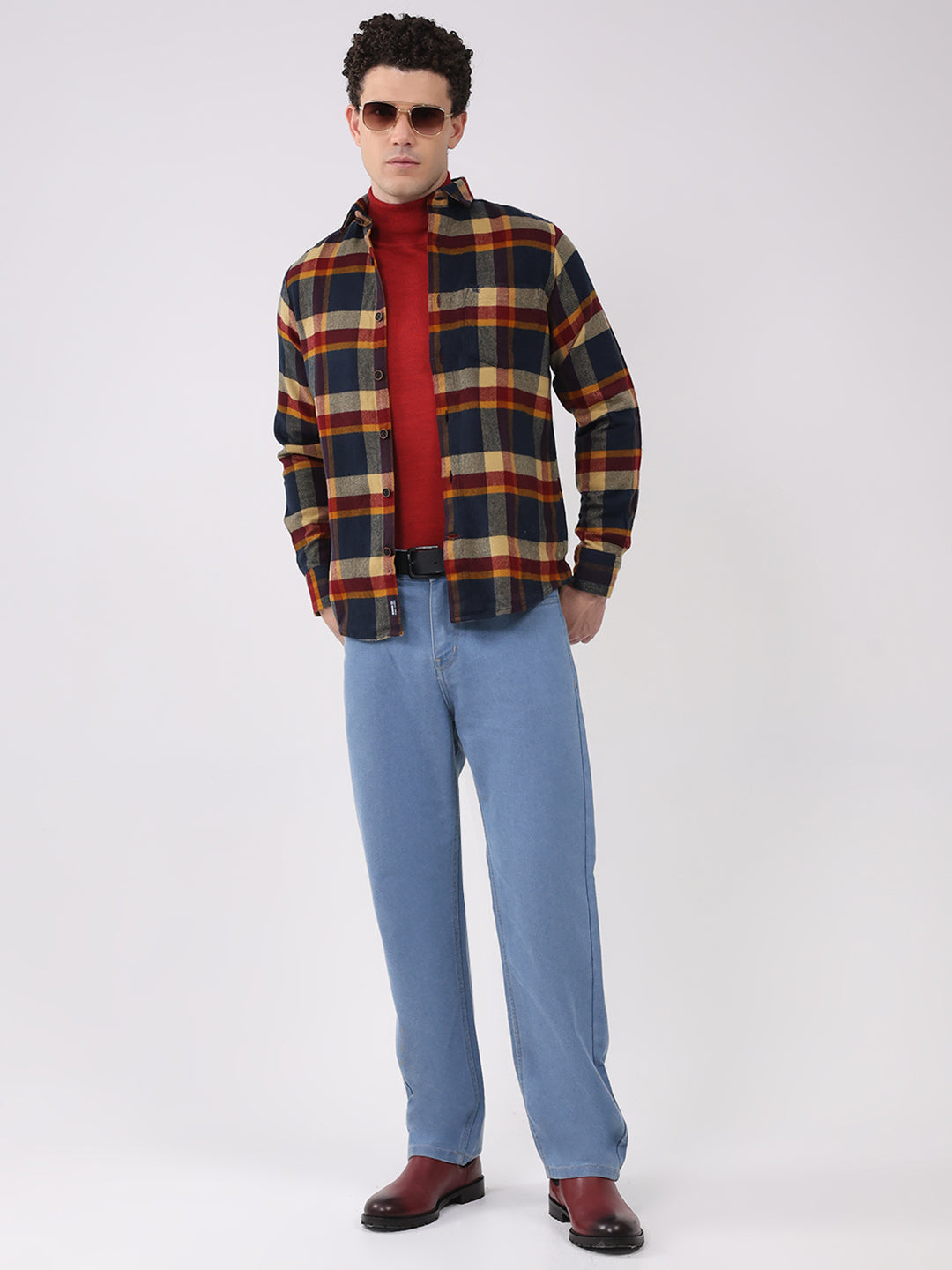 Men Navy Blue Check Collar Full Sleeve Shirt