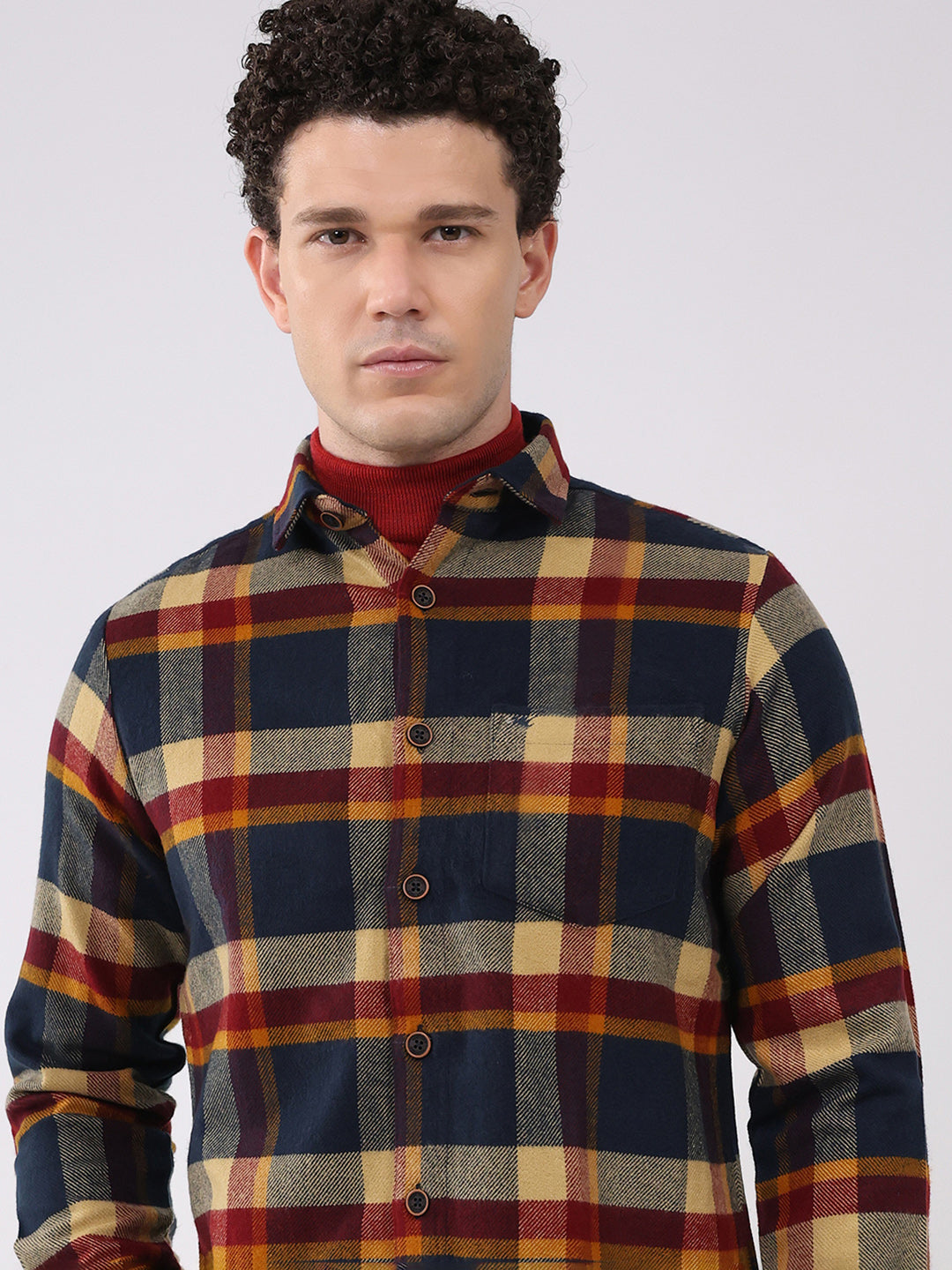 Men Navy Blue Check Collar Full Sleeve Shirt