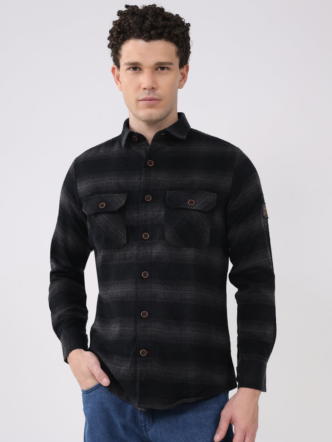 Men Black Check Collar Full Sleeve Shirt