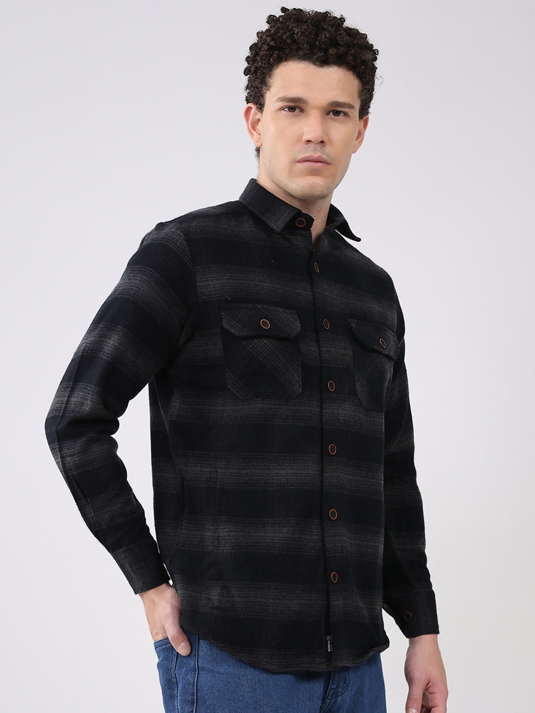 Men Black Check Collar Full Sleeve Shirt