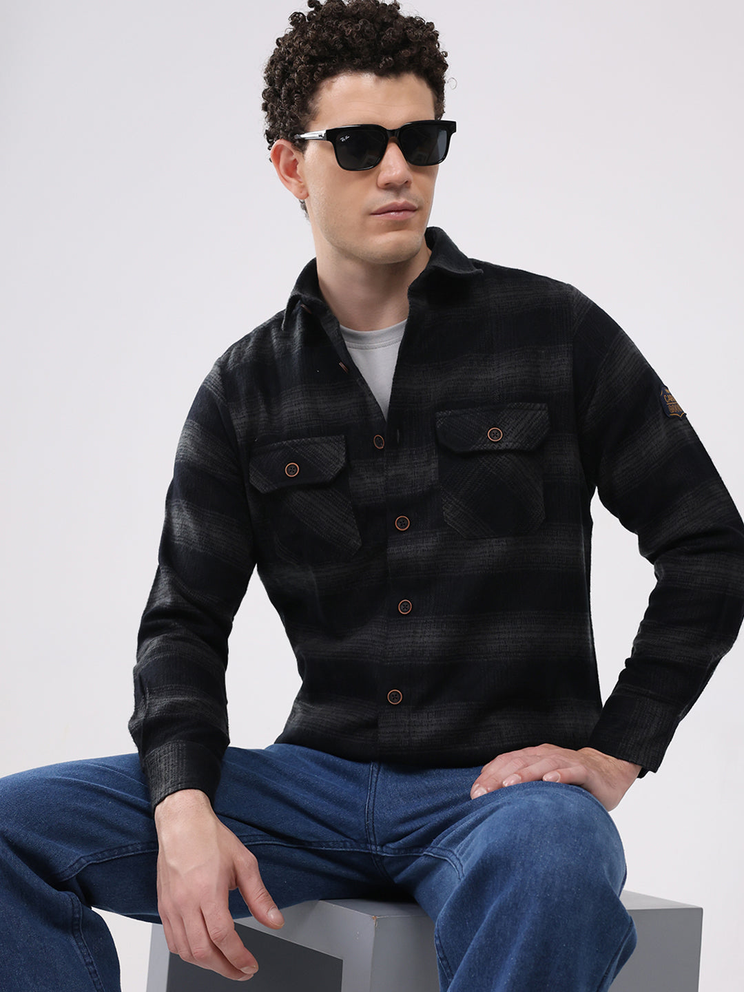 Men Black Check Collar Full Sleeve Shirt