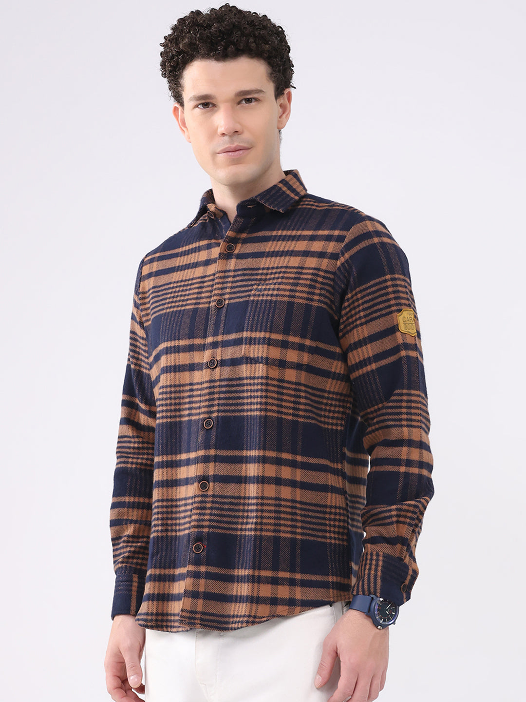 Men Brown Check Collar Full Sleeve Shirt