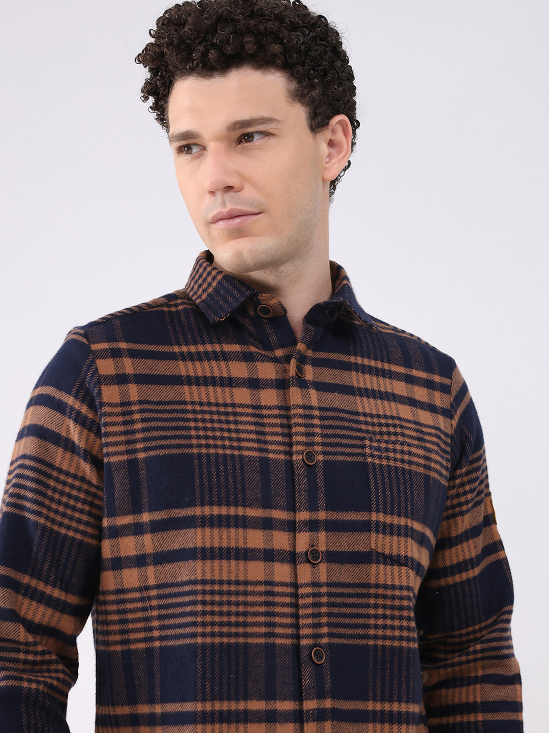 Men Brown Check Collar Full Sleeve Shirt