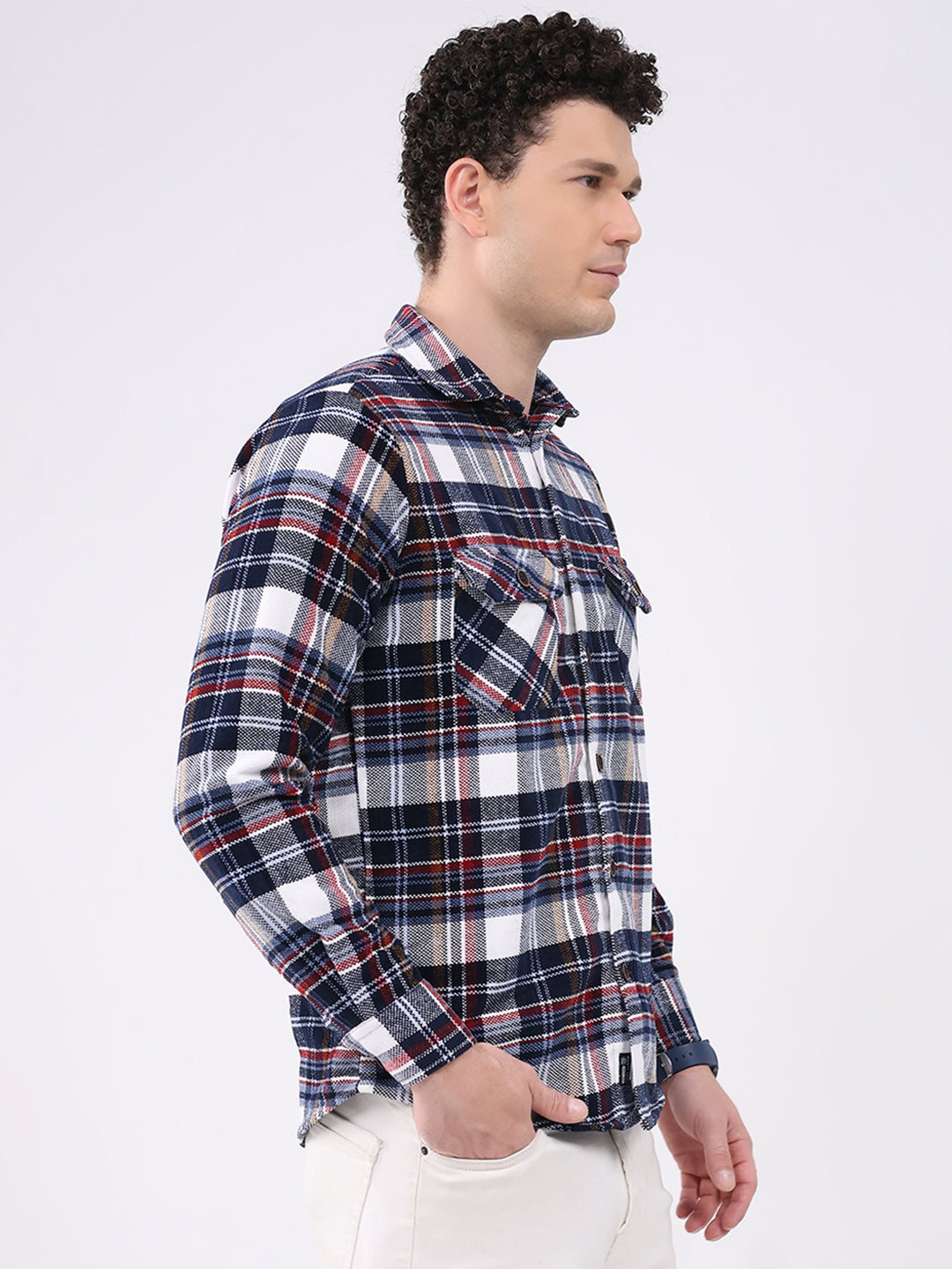 Men Navy Blue Check Collar Full Sleeve Shirt
