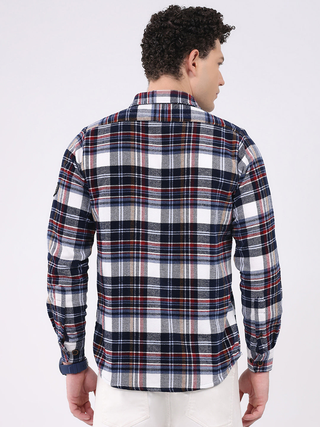 Men Navy Blue Check Collar Full Sleeve Shirt