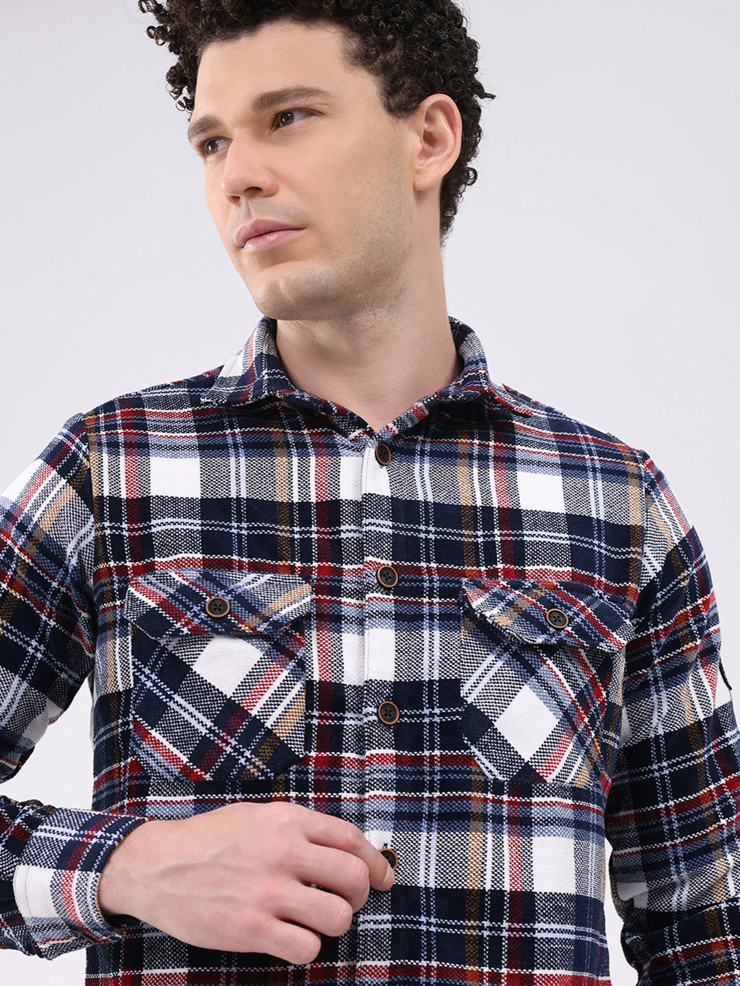 Men Navy Blue Check Collar Full Sleeve Shirt