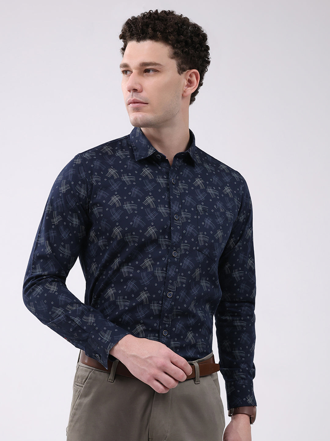 Men Navy Blue Printed Collar Full Sleeve Shirt