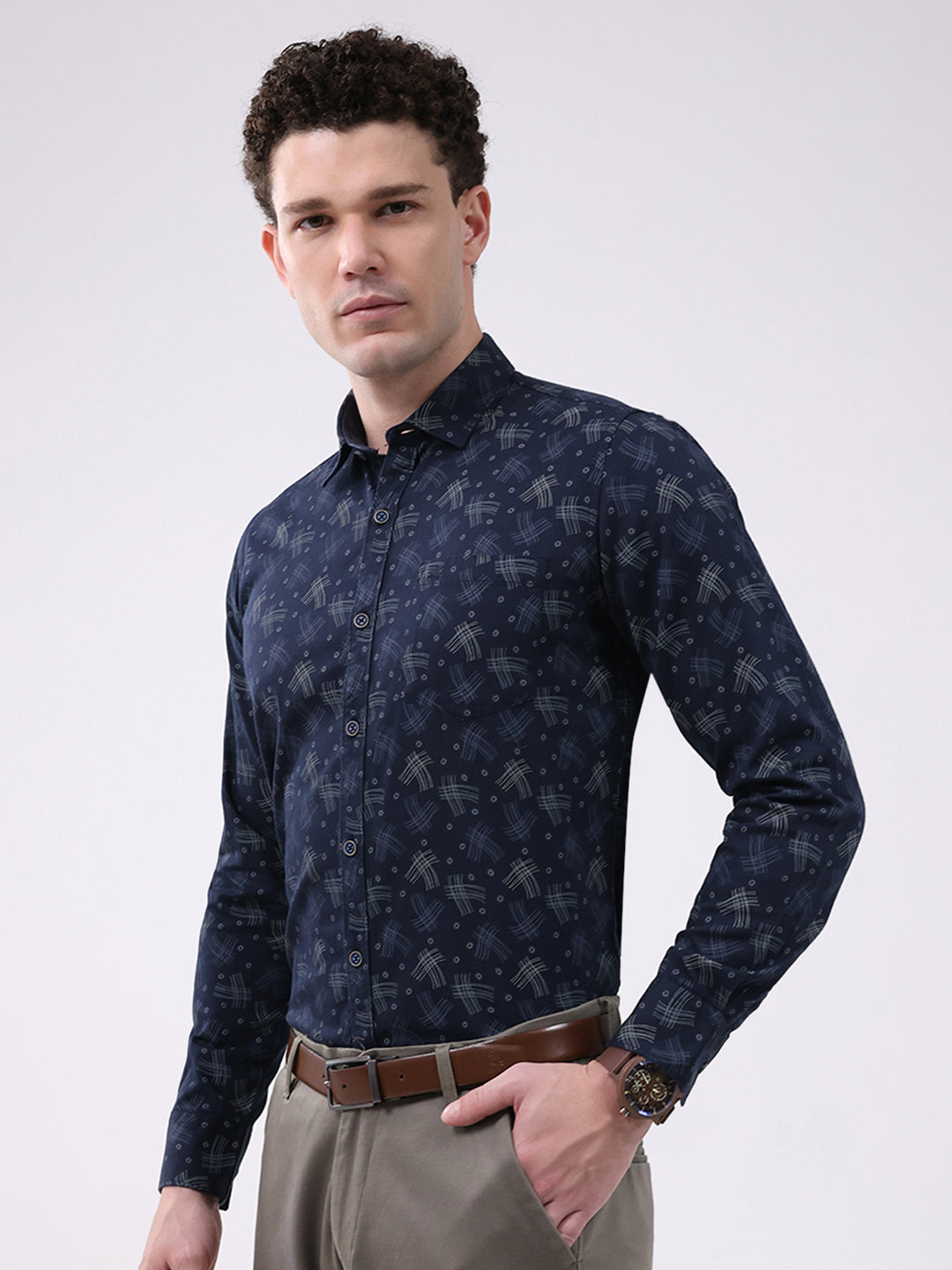Men Navy Blue Printed Collar Full Sleeve Shirt