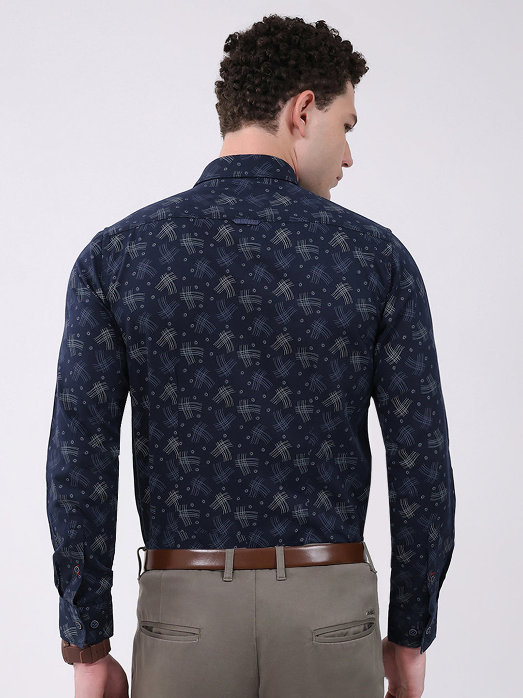 Men Navy Blue Printed Collar Full Sleeve Shirt