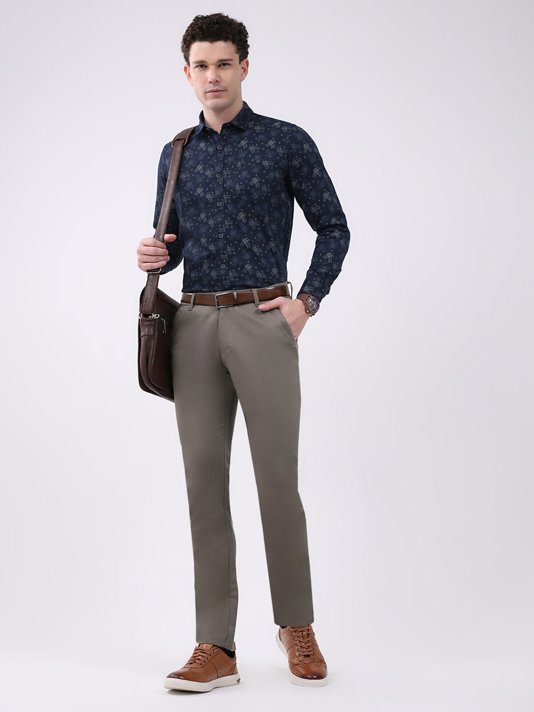 Men Navy Blue Printed Collar Full Sleeve Shirt