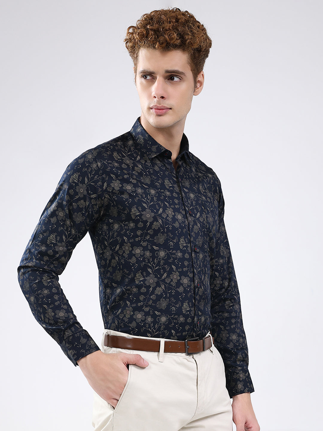 Men Navy Blue Printed Collar Full Sleeve Shirt