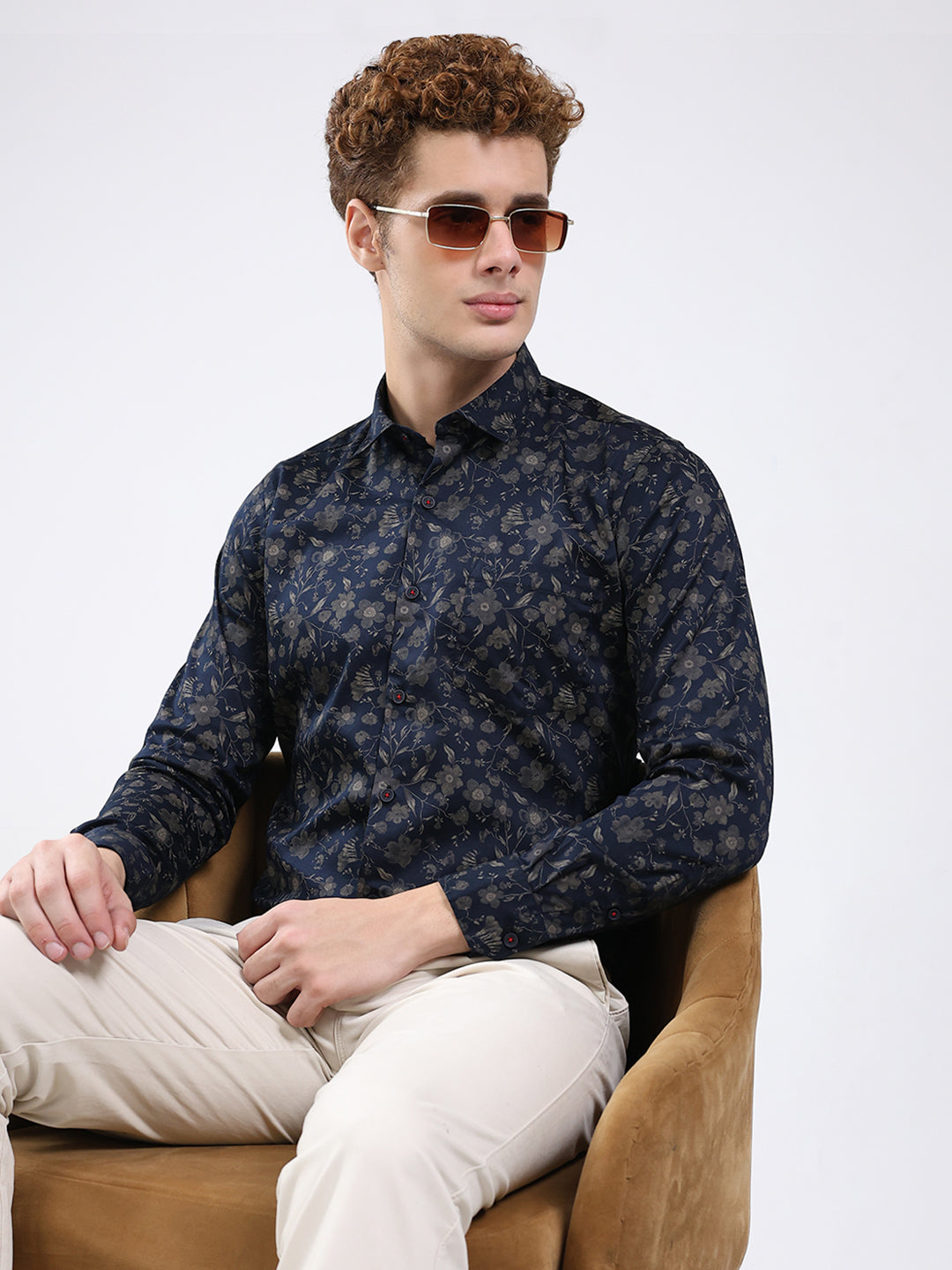 Men Navy Blue Printed Collar Full Sleeve Shirt