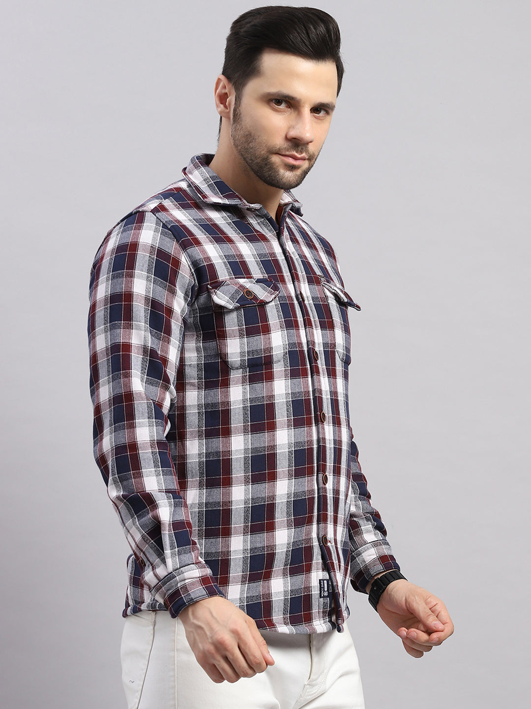 Men Red Check Collar Full Sleeve Shirt