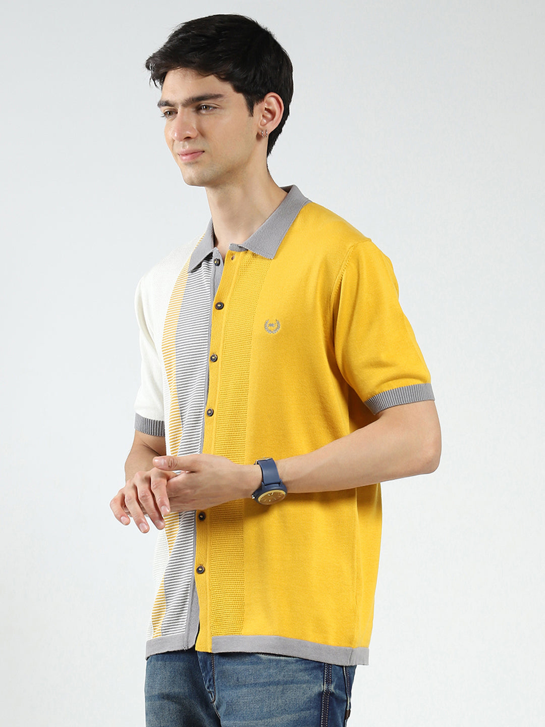 Men Mustard Self Design Collar Half Sleeve T-Shirt