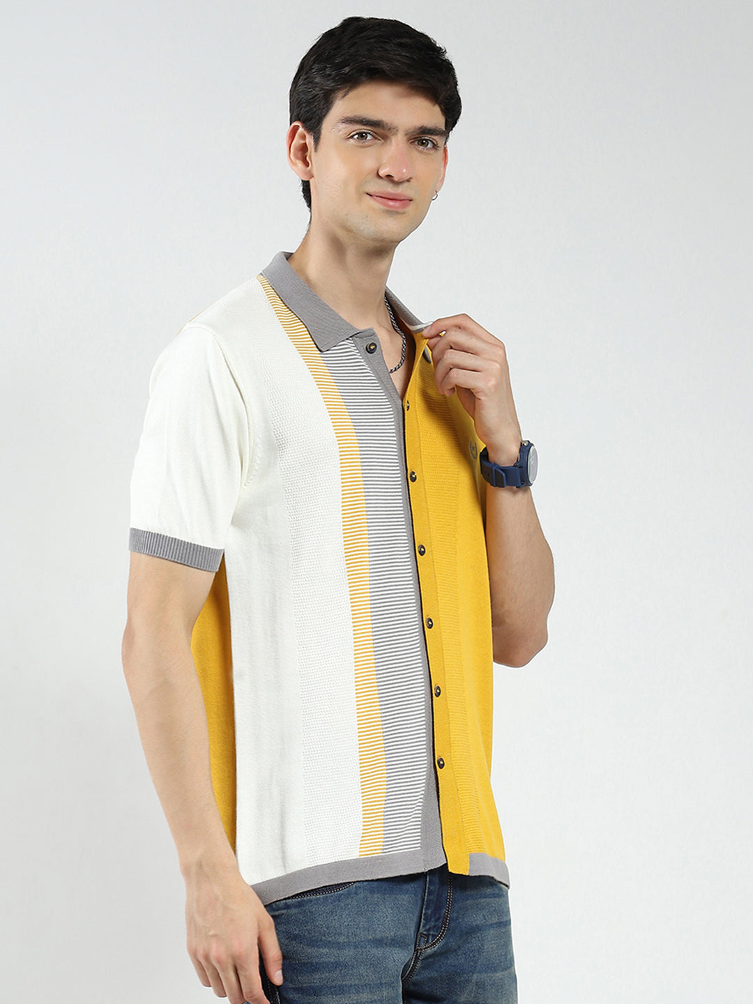 Men Mustard Self Design Collar Half Sleeve T-Shirt