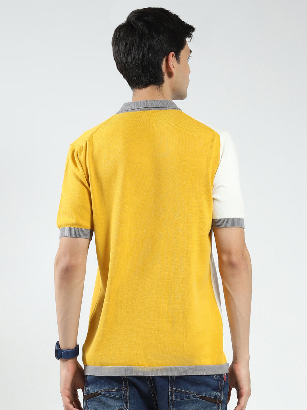 Men Mustard Self Design Collar Half Sleeve T-Shirt