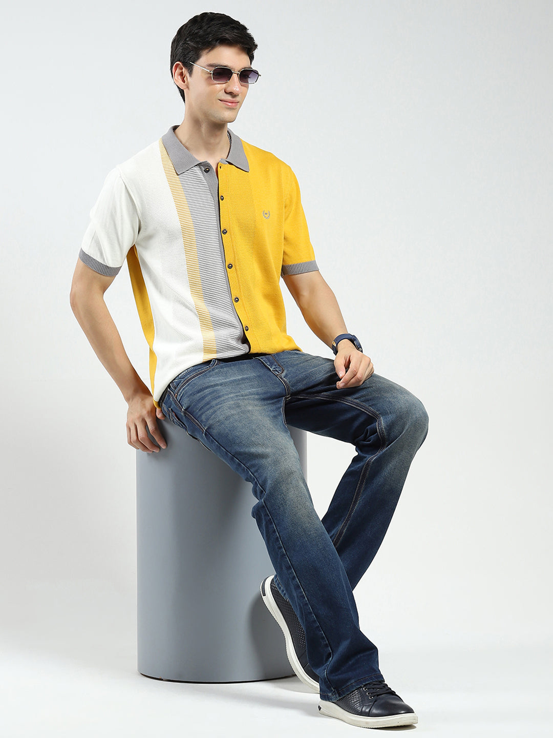 Men Mustard Self Design Collar Half Sleeve T-Shirt