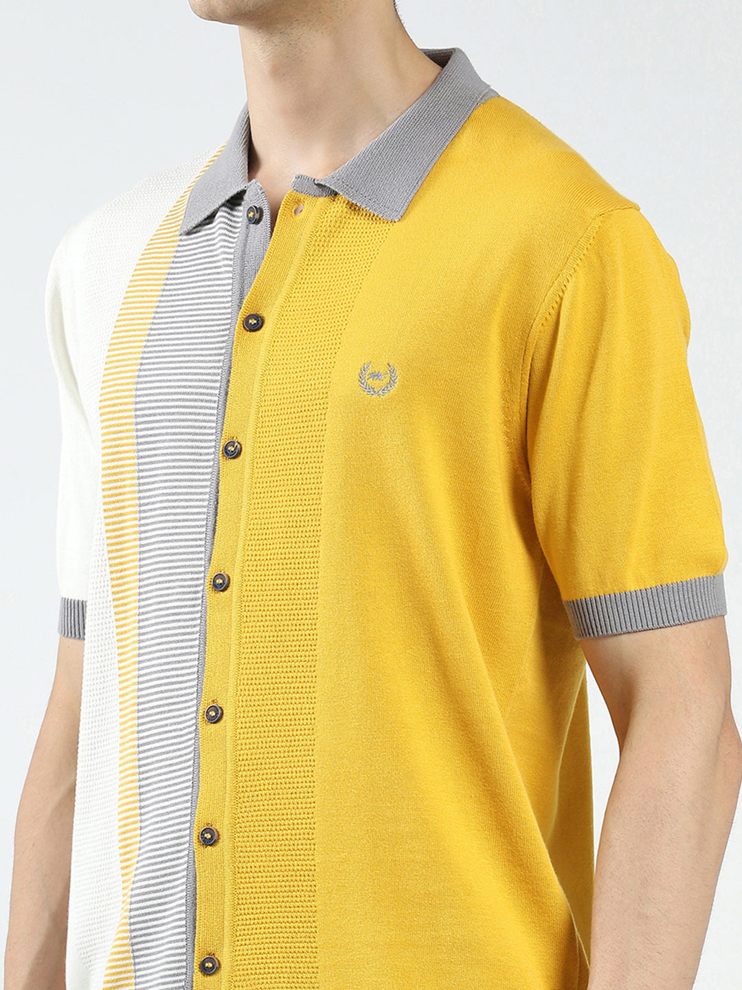 Men Mustard Self Design Collar Half Sleeve T-Shirt