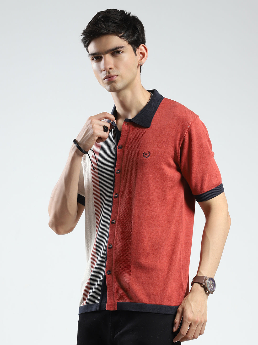 Men Rust Self Design Collar Half Sleeve T-Shirt