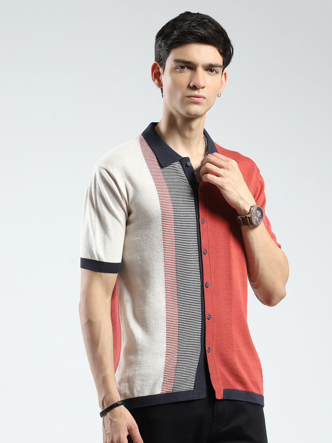 Men Rust Self Design Collar Half Sleeve T-Shirt