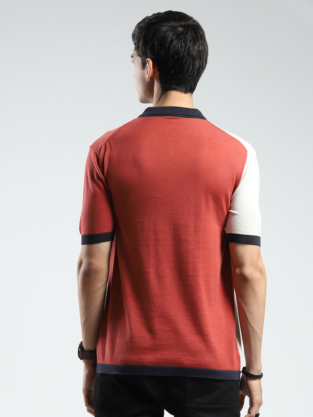 Men Rust Self Design Collar Half Sleeve T-Shirt