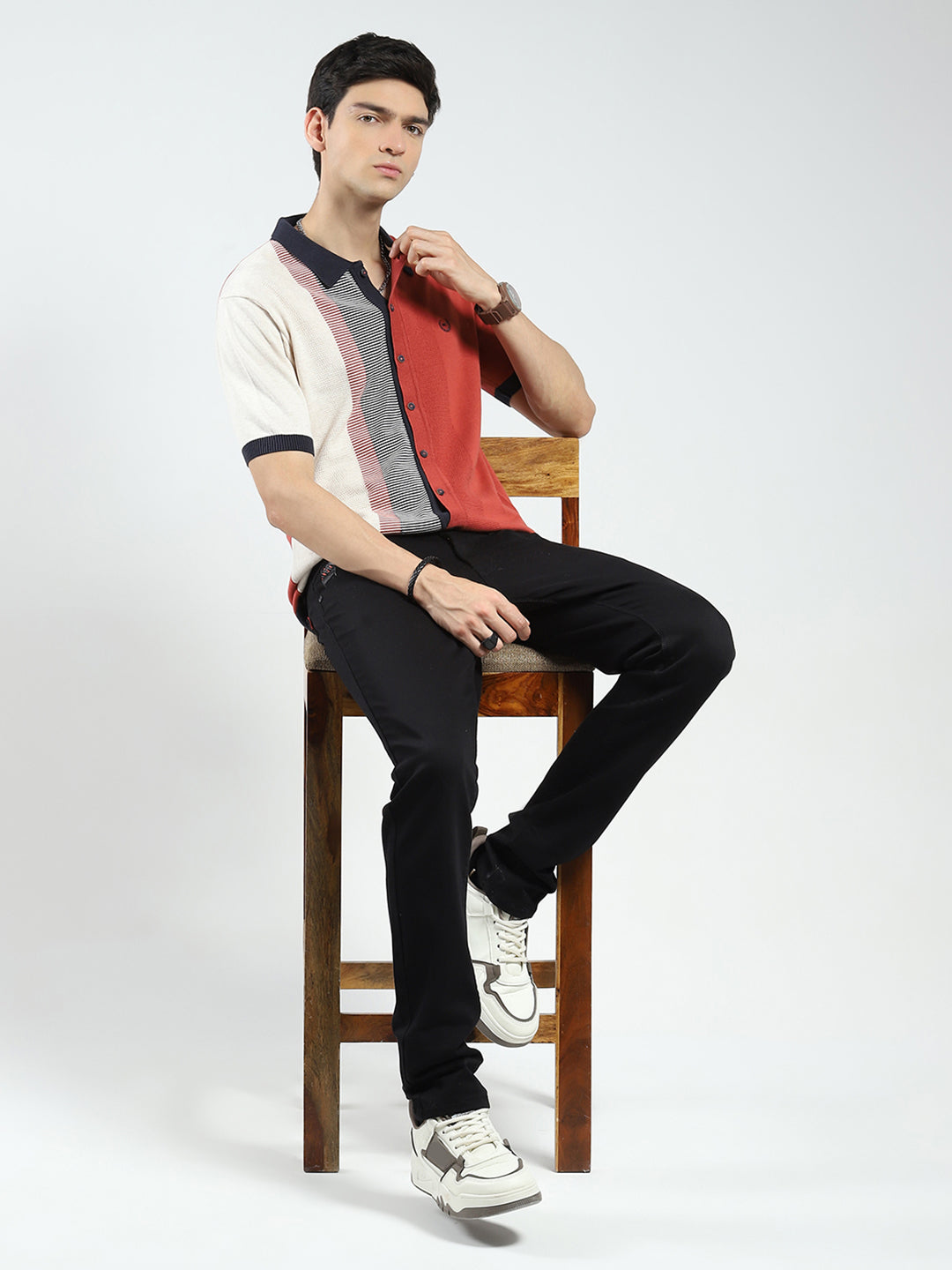 Men Rust Self Design Collar Half Sleeve T-Shirt