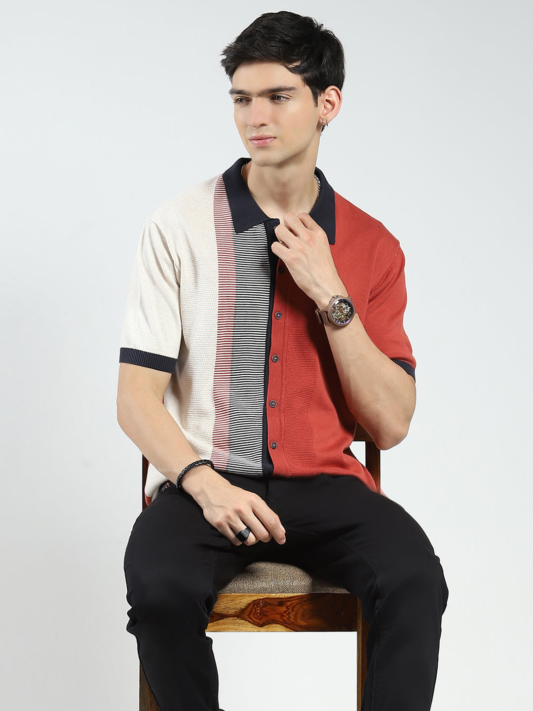 Men Rust Self Design Collar Half Sleeve T-Shirt